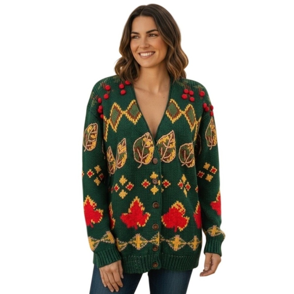 The Eagles Eye Women‎ Sweater Vintage Green Leaf Pom Pom Cardigan Medium
